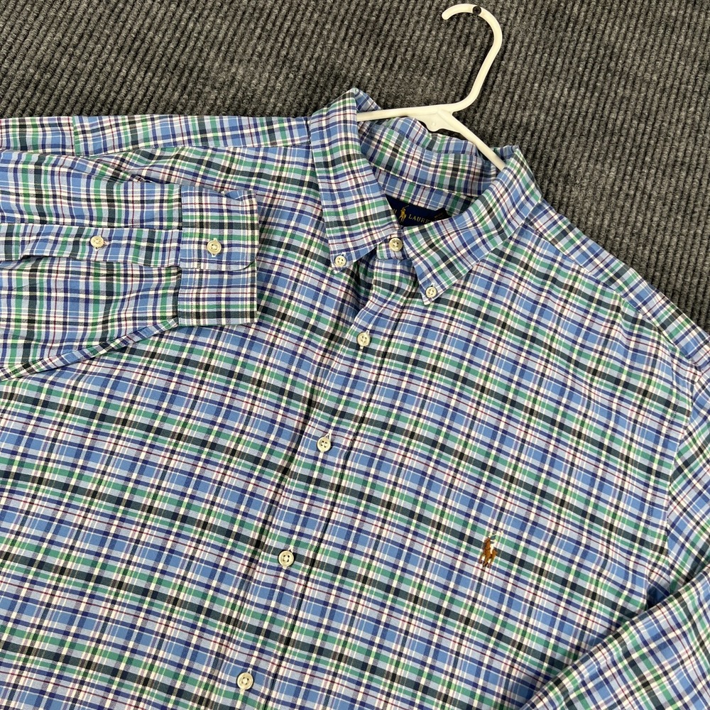 Ralph Lauren Shirt Mens 2XB XXL Big Blue Plaid Long Sleeve Button Down Flesh
